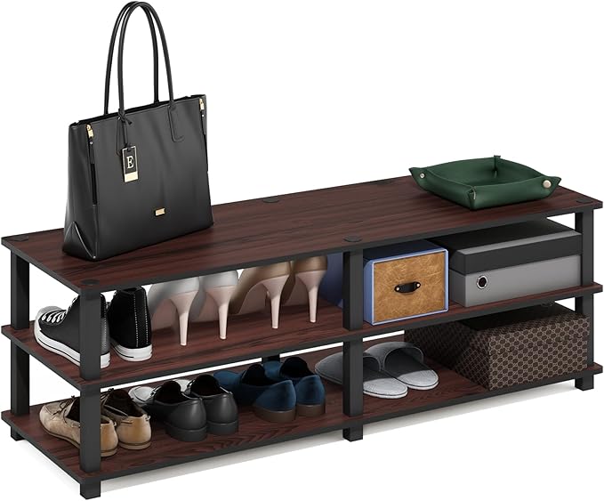 Furinno TURN-S-TUBE Shoe Rack, 3-Tier Shoe Organizer, Shoe Storage Rack with No Tools Assembly, 11.6 x 47.2 x 15.4, for Closet Entryway, Office, Garage, Dark Cherry/Black