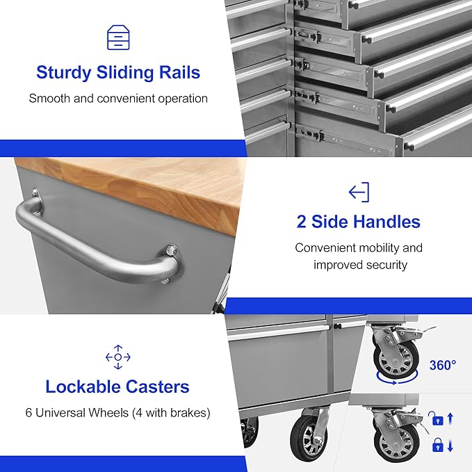 96-Inch Stainless Steel Rolling Tool Box with 24 Drawers, Heavy-Duty Mobile Garage Workbench, Lockable Large Tool Chest Storage Cabinet with Wheels for Workshop