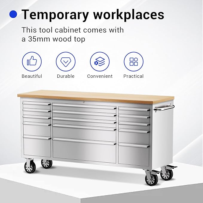 CHETTO C 72 inch Tool Chest Tool Box Mobile 15 Drawers Storage Rolling Cabinet with Wheels Lock Key Locking System Drawer Liners for Garage Warehouse Repair Shop