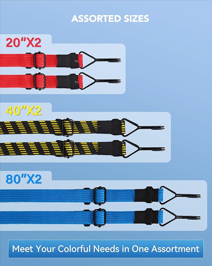 20" 40" 80" Flat Adjustable Bungee Cords Assorted Sizes, Easy-to-Adjust Heavy Duty Bungee Straps with 200 Lbs Max Break Strength & UV Protection, Perfect for Tents, Cargo, Luggage, Bike, etc. (6 Pcs)