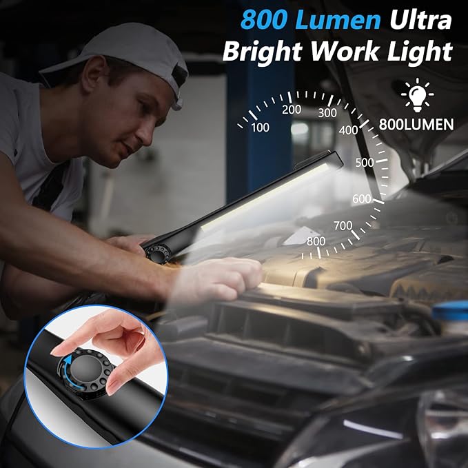 LED Work Light, 800 Lumens Rechargeable COB Work Light with Power Capacity Indicator, Magnetic Base& Hook, 360°Swivel, for Car Repair, Home, Garage, Emergency and Outdoor Camping, 3200mAh