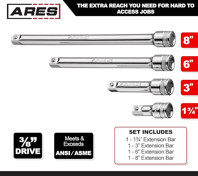 ARES 70244-4-Piece 3/8-Inch Drive Socket Extension Set - Includes 1 3/4-Inch, 3-Inch, 6-Inch and 8-Inch Extensions - Premium Chrome Vanadium Steel with Mirror Finish