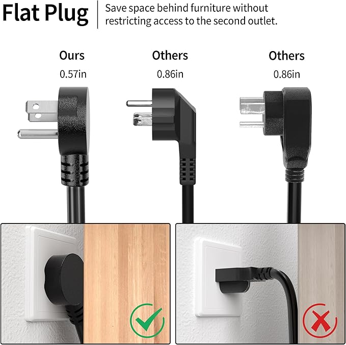 Vockjour 6 FT 2 Pack Black Low Profile Flat Plug 14 Gauge Heavy Duty Extension Cord, 14AWG 3-Wire Grounded Appliance Extension Cord, 15A/125V/1875W SJTW ETL Listed Power Cord