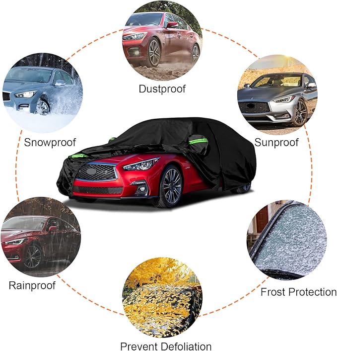 Waterproof Car Covers Replace for 2014-2025 Infiniti Q50 /Q60, 6 Layers All Weather Custom-fit Car Cover with Zipper Door & Windproof Bands for Snow Rain Dust Hail Protection (Q50)