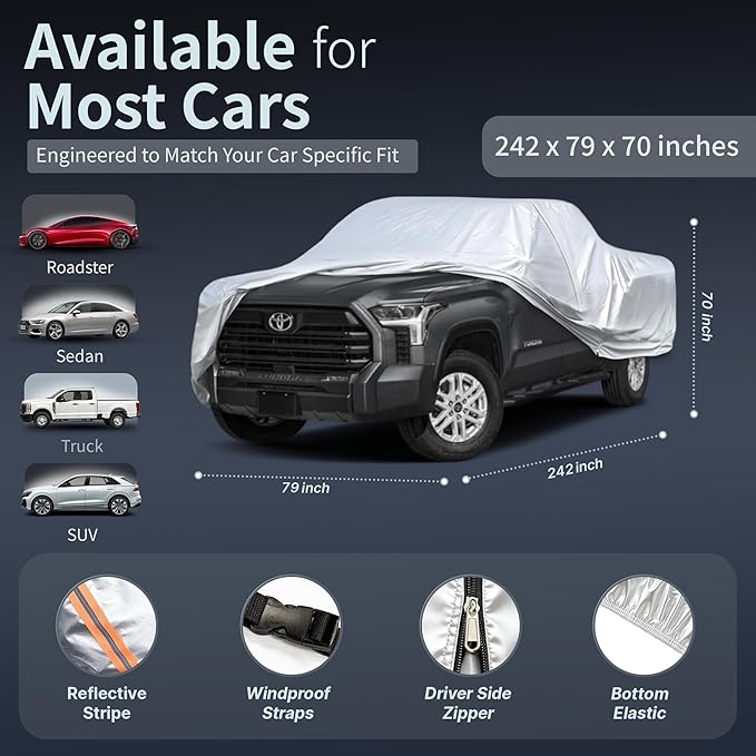 Car Cover Waterproof All-Weather,Heavy-Duty Outdoor Full Exterior Automobiles Snow Cover for Truck 229-242 inch,with Sun Visor,Anti-Scratch Cotton Lining & Zippered,Towel&Storage Bag
