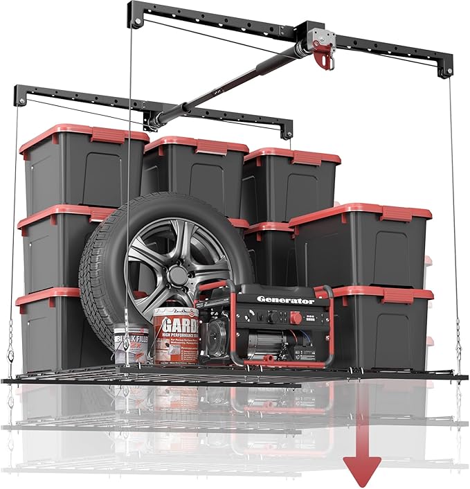 Overhead Garage Storage Rack for 10–12 FT Ceiling, Heavy-duty 4x4 FT Ceiling Storage Racks with Safety Lock, Ideal for Garage Storage Mounted Lift System and Storage Organizer, 250lbs Capacity