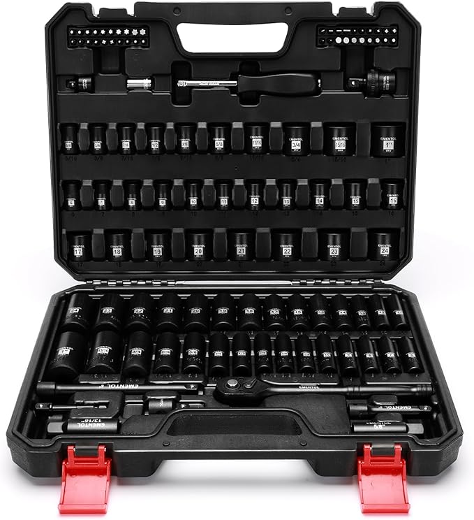 EMENTOL 109-Piece 3/8" Drive Socket Set, SAE (5/16"-15/16") & Metric (6mm-24mm), Deep & Shallow, with Ratchet Wrench, Extension Bars, Spark Plug Sockets, Universal Joint, Power Drill Adapter, Bits