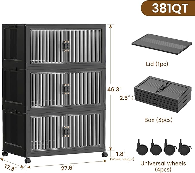 SAILUN 95Gal/381Qt Extra Large Stackable Storage Bins Folding Collapsible Storage Bins with a Lid, Closet Organizers and Storage Black 28" W x 1