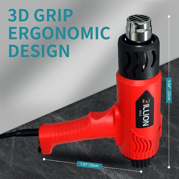 3D Grip Heat Gun 1800W - 120℉ to 1200℉ Dual Temperature Hot Air Gun Kit with 4 Nozzles - Black Red Professional Heat Shrink Gun for Crafts, Shrink Wrap, Electronics Repair