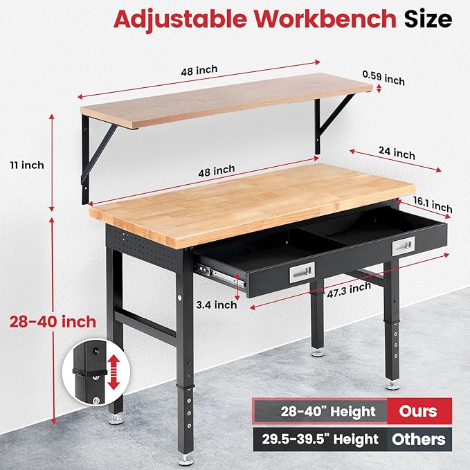 ENJOYWOOD 48" x 24" Heavy Duty Workbench Adjustable Height Garage Work Table with Solid Rubberwood Top, Drawer & Power Outlets for Workshop, Home & Office