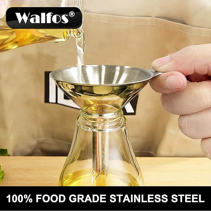 WALFOS Mini Stainless Steel Funnels, Multi-use Small Kitchen Funnel Set, for Transferring Liquid, Fluid, Essential Oils, Powder,Tiny Spices,Long-Lasting and Dishwasher Safe (3 in、2.2 in、1.7in)