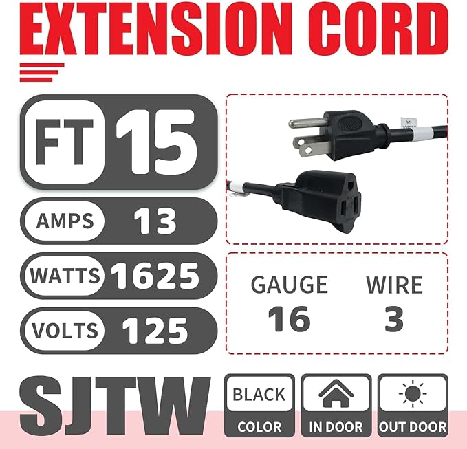 EP 15FT Black Outdoor Extension Cord, 16/3 SJTW Heavy Duty Waterproof, 3 Prong Grounded Plug, 13A 1625W 16AWG, Cold-Resistant Flexible Power Cable for Garden, Home, Christmas Lights