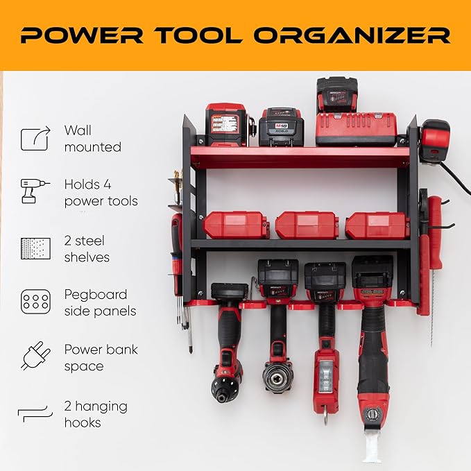 Power Tool Organizer Wall Mount, 4 Layer Heavy Duty Metal Tool Storage Rack with 4 Drill Holders, Pegboard Side Panels & Hooks, Garage Tool Organizer Wall Mount for Cordless Tools, Workshop, Shed