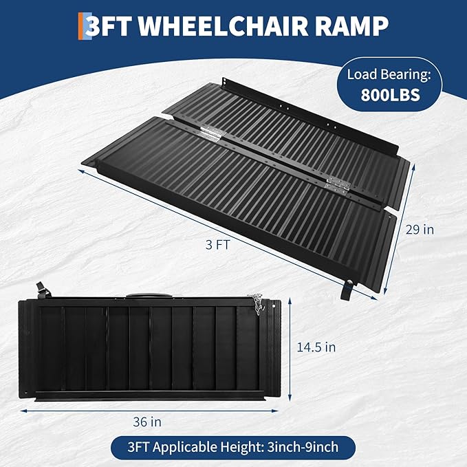3FT Portable Wheelchair Ramp, Black Non-Slip Aluminum Wheelchair Ramp with Handle, Folding Ramps for Home Steps, Doorways, Thresholds, Curbs, Stairs, 800 LBS Capacity