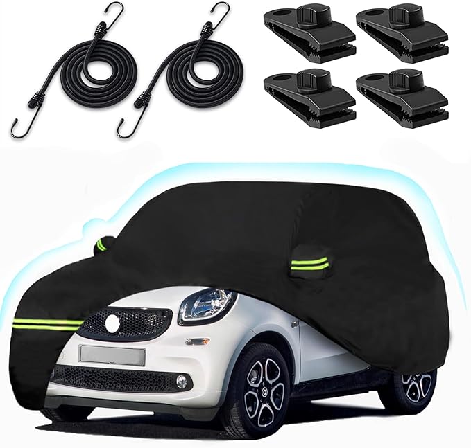 Waterproof Car Cover for 2007-2025 Smart Fortwo, 210T Sun Rain UV Dust Snow Protection Outdoor Covers with Zipper Door & Windproof Bands for 2007-2025 Smart Fortwo W451/C453/A453(Black)