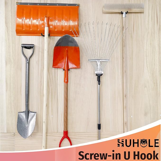 HUHOLE 6 Pack Heavy Duty Screw in U Hook 30lbs Load Capacity Garage Storage Organizers Vinyl Coated Steel Shovel Holder U Hooks for Hanging Garden Tools and Power Equipment Black