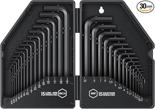 30 PCS Hex Head Key Allen Wrench Tool Set Organizer Kit Alloy Steel L Shape Black Metric (0.7-10 mm) SAE (0.028"-3/8") Standard In Storage Case Long Short Arm