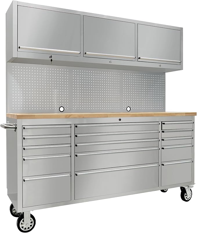 CT Copper Tailor 72-inch Tool Chest Cabinet Rolling Garage Workbench with 15 Storage Drawers and Wheels, 3 Upper Cabinet, Pegboard, Steel Large Tool Box,Stainless Steel