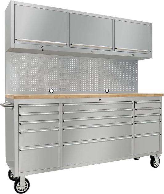 CT Copper Tailor 72-inch Tool Chest Cabinet Rolling Garage Workbench with 15 Storage Drawers and Wheels, 3 Upper Cabinet, Pegboard, Steel Large Tool Box,Stainless Steel