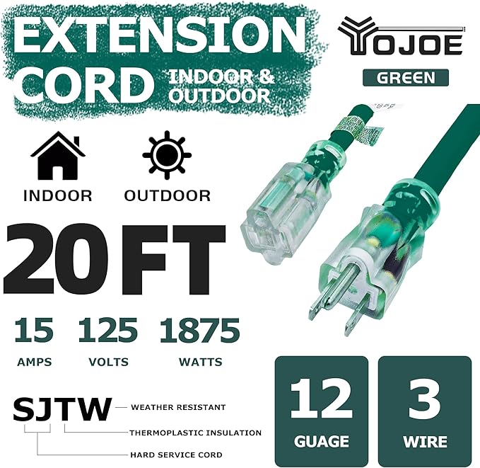 YOJOE Indoor Outdoor Extension Cord with Lighted End, 3 Prong 15A Weatherproof Power Cord, 12 Gauge Heavy Duty 20 ft Green Extension Cord for Garage, Garden and Home, 12/3 SJTW UL Listed