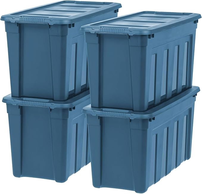 IRIS USA 31 Gallon Eco-Friendly Heavy Duty Storage Totes with Easy-Grip Handles, 8 Pack - Large Bins with Lids Garage Organizing Tubs, Durable Stackable Utility Containers, Made in USA - Navy