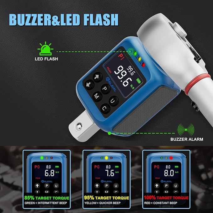 Digital Torque Adapter 1/2", 1.5-99.6 Ft-lb/2-135 Nm, Digital Torque Wrench Converter with ±2% Accuracy, Buzzer and LED Indicator, 2 Modes, 4 Units, 3/8'' & 1/4'' Adapters for Car, Moto