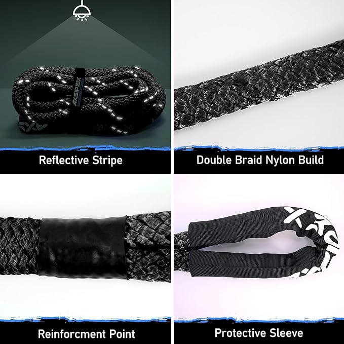 Kinetic Recovery Rope (Reflective) | 1.25in x 30ft 56,000Lbs Heavy Duty, 35% Elasticity Tow Rope - Offroad Snatch Strap for 4x4 Truck SUV UTV ATV Jeep