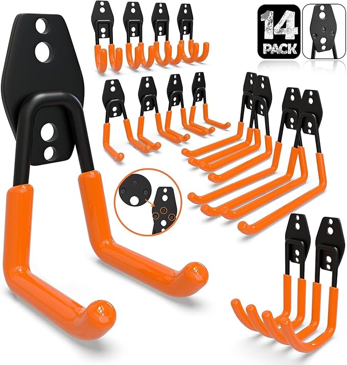 3-H Garage Wall Hooks 14 Pack,Garage Hooks Heavy Duty,Garage Storage Hooks for Hanging and Organizing Garden,Lawn,Yard Tools,Chairs,Ladders,Weed Eater,Shovel,Blower(Orange)