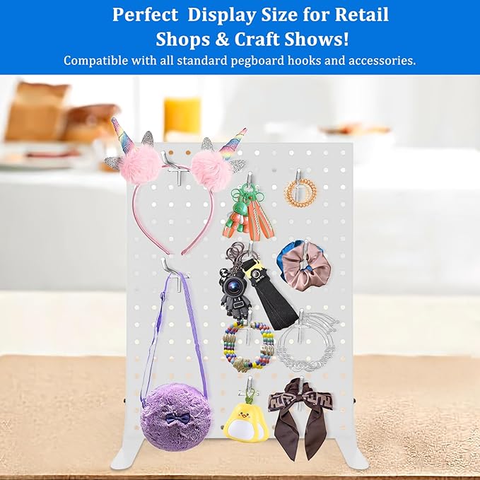 Pegboard Display Stand with 10 Hooks for Craft Shows, Metal Jewelry and Key Ring Retail Display Racks for Selling Accessories, Retail Stores, Vendors & Events, 17 X 13 Inch (1 PCS, White)