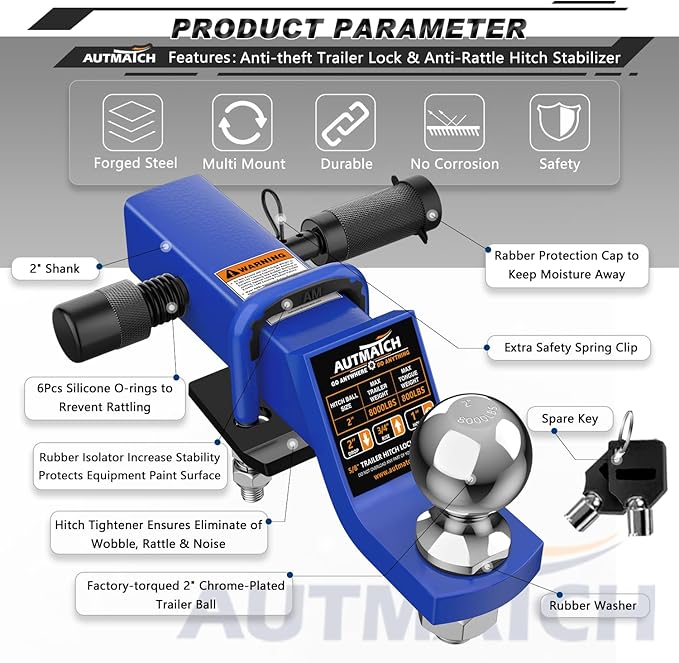 AUTMATCH Trailer Hitch Ball Mount with 2 Inch Hitch Ball - Fits 2" Receiver with Hitch Tightener, 8000Lbs Capacity Ball Hitch, 2-Inch Drop with 5/8" Hitch Lock Pin, Blue