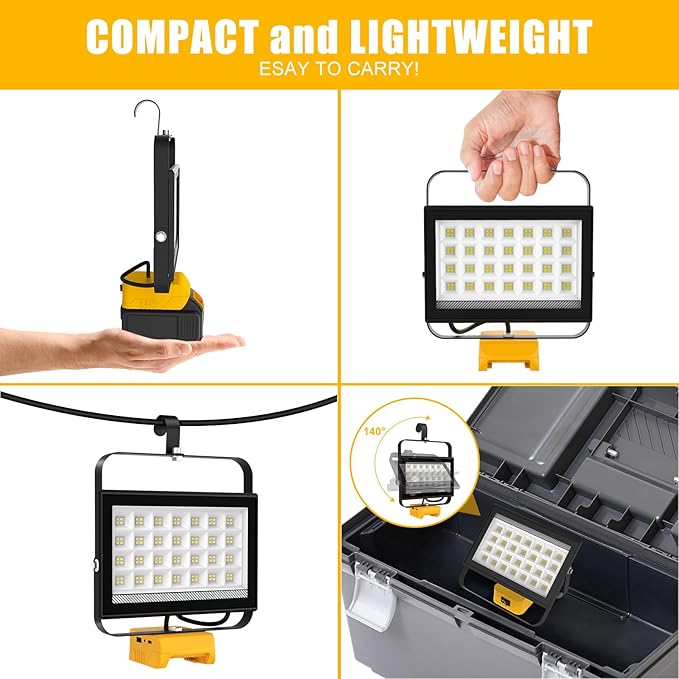 T-SUNiceM Cordless LED Work Light Compatible with Dewalt 20v Max Battery, 100W 10000LM Flood Light, Flashlight for Dewalt 20v Tools with USB & Type-C Charging and Pivoting Head for Jobsite, Camping