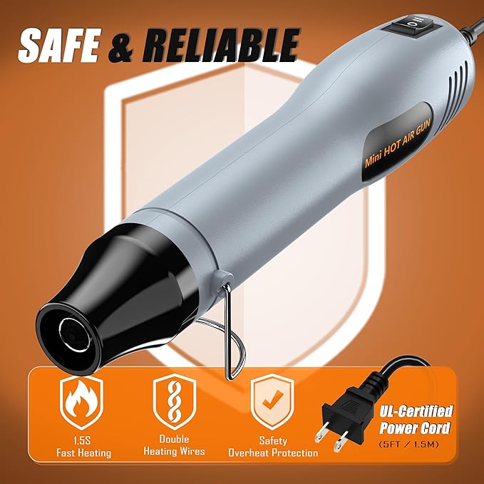 Mini Heat Gun 482℉ & 662℉ 2-Modle Temperature Control, Overload protection Ergonomic Design pistola de calor,Mini heat gun' for crafting，shrink tubing，vinyl wrap，resin