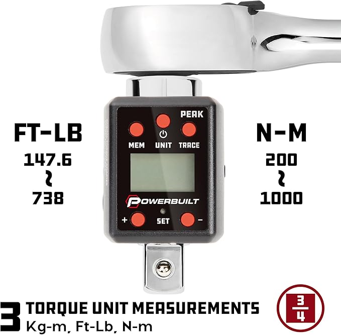 Powerbuilt 3/4-Inch Drive Digital Torque Adapter, 147.5-737.5 Ft-Lb and 200-1000 Nm, Alert Signals Torque Setting, Electronic Torque Wrench Converter with Digital Display, ±2% Accuracy - 940994