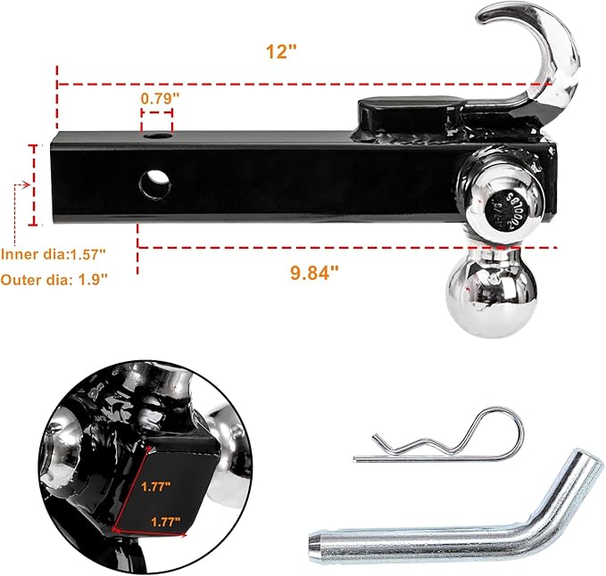Yopay Trailer Hitch Tri-Ball Mount with Hook, Tactical Tow Hook, 3 Ball Truck Hitch, Sizes 1-7/8", 2" and 2-5/16", Fits 2 Inch Hitch Receiver
