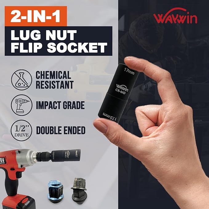 2-1 Double Ended Damaged Wheel Nut Socket 1/2-Inch Impact Socket Wall Impact Flip Socket 7 Piece Set 17 x 17.5mm 19 x 19.5mm 21 x 21.5mm 22 x 22.5mm 27 x 27.5mm 19 x 21mm 5" extension bar