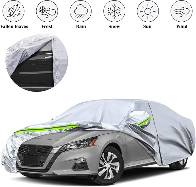 Waterproof Car Covers Replace for 2002-2025 Nissan Altima, 6 Layers Silver All Weather Custom-fit Car Cover with Zipper Door & Windproof Bands for Snow Rain Dust Hail Protection