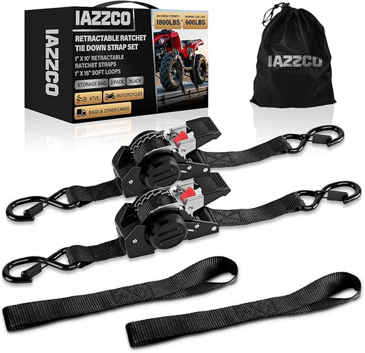 10FT Retractable Ratchet Straps(2-Pack) - 1 Inch (1800 LB Break Strength) Heavy Duty Self Retracting Ratchet Straps with Soft Loops & Storage Bag for Household, Motorcycle, Truck, ATV(Black)
