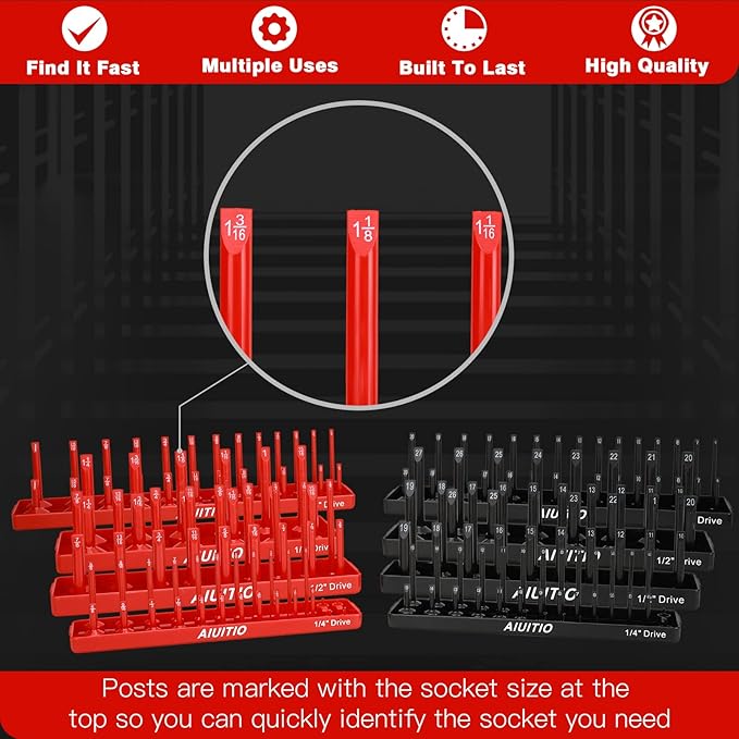 8 Piece Metric & SAE Socket Organizer Tray Set, 1/4-Inch, 3/8-Inch & 1/2-Inch Drive Standard & Deep Socket Holders for Toolboxes, Store 176 Sockets