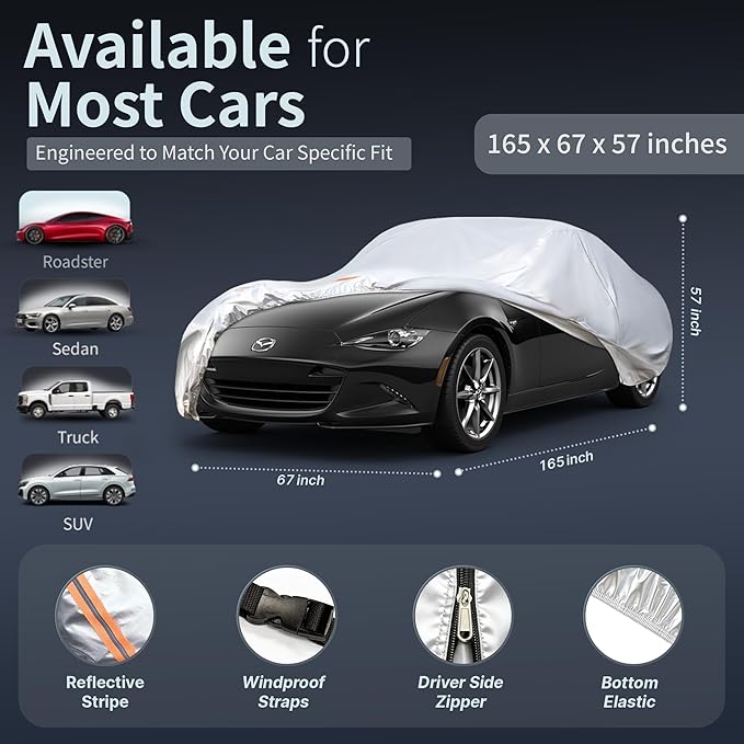 Car Cover Waterproof All-Weather,Heavy-Duty Outdoor Full Exterior Automobiles Snow Cover for Sedan up to 165 inch,with Sun Visor,Anti-Scratch Cotton Lining & Zippered,Towel&Storage Bag