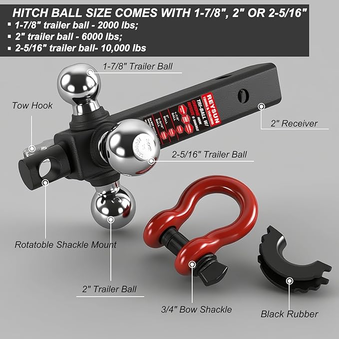 Trailer Hitch Tri-Ball Mount: with Swivel Tow Shackle and Tow Hook, fits for 2-inch Receiver, Chrome Trailer Ball Size 1-7/8", 2" and 2-5/16" and 5/8" Hitch Lock Pin