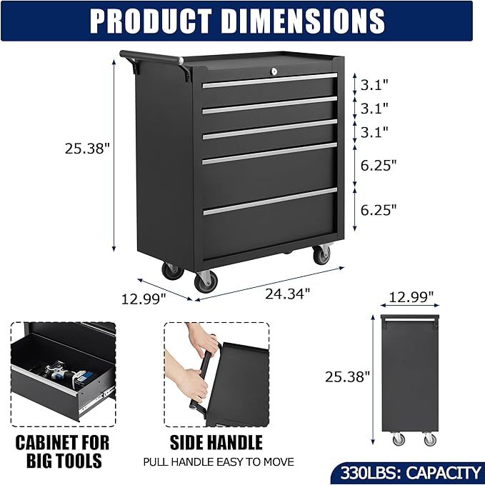 Professional Workstation Version 24" 5-Drawer Rolling Tool Chest - Lockable Storage Cabinet with Wheels for Workshop & Garage Organization