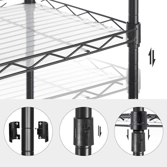 SONGMICS 5-Tier Storage Shelves, Wire Shelving Unit, Kitchen Metal Shelves, Storage Rack with Adjustable Shelves, Shelf Liners, 8 Hooks, for Garage, 11.8 x 15.7 x 47.6 Inches, Black ULGR115B01
