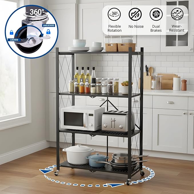4 Tier Foldable Storage Shelf with Wheels, Collapsible Metal Rack Shelving Unit, No Assembly Required, Rolling Cart Shelf Rack Organizer for Books, Garage, Kitchen, Closet, Pantry, Exhibition, Black