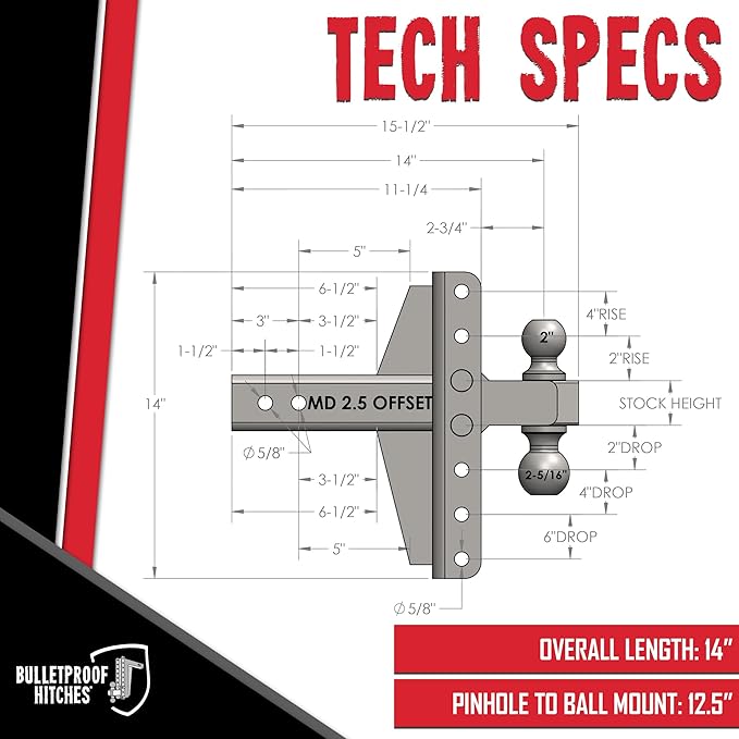 BulletProof Hitches - 2.5" Adjustable Medium Duty Trailer Hitch (14,000 lb. Rating) - Offset 4" and 6" Drop/Rise Trailer Hitch with 2" & 2-5/16" Dual Ball - Powder Coat, Box Steel, Corrosion-Resistant