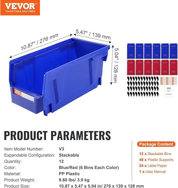 VEVOR Plastic Storage Bins 12 Pack (11 x 5 x 5-Inch), Hanging Stackable Storage Organizer Bins, Heavy Duty Stacking Containers for Closet, Garage, Office, Home, Pantry or Small Parts Organization