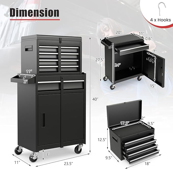 Goplus Tool Chest, 5 Drawers Rolling Tool Cabinet with Detachable Top Toolbox, Universal Lockable Wheels, Lock Bar, Protective Liner & Tool Rack, Metal Tool Storage Cart, Tool Box for Garage Workshop