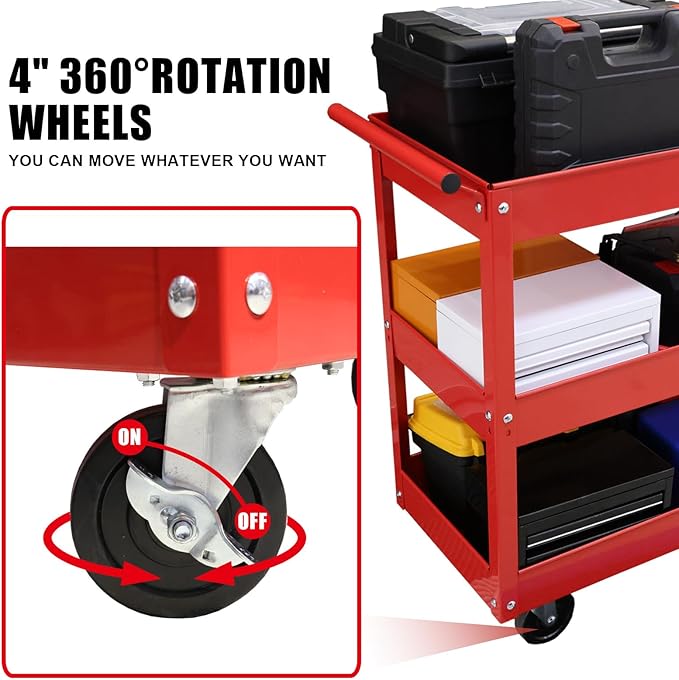 BIG RED Steel Rolling Service Tool Cart with 3 Tires , Heavy Duty Utility Cart on Wheels with Two Brake for Office，Kitchen，warehouse,400 lbs Capacity,Red