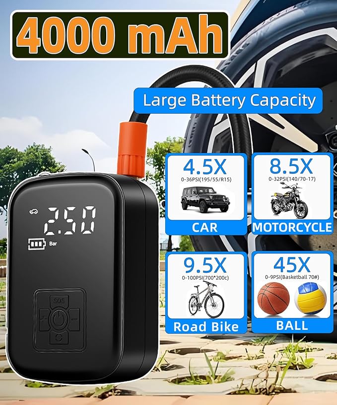 Tire Inflator Portable Air Compressor for Car, 150 PSI Cordless Mini Bike Tire Pump, Air Pump for Auto, Motorcycle, Bicycle, Balls with Pressure Gauge LED Light