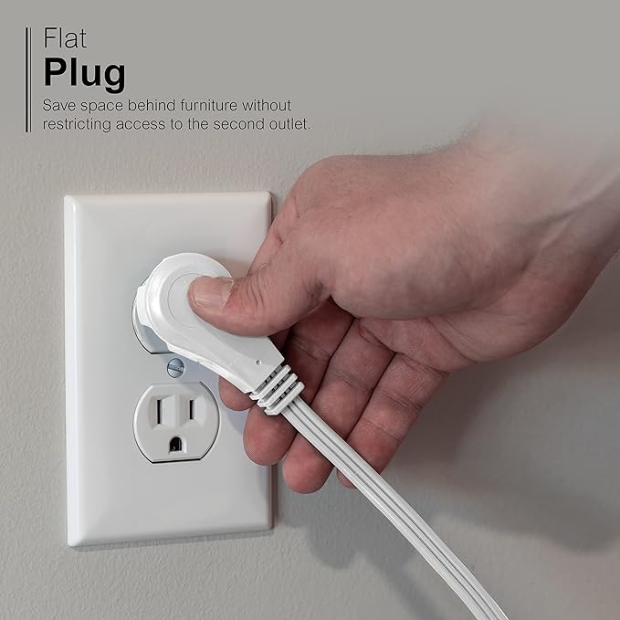 GE 3-Outlet Flat Extension Cord 3 Ft Grounded Extension Cord with Multiple Outlets 3 Prong Outlet Extender Flat Plug Power Strip Indoor 16 Gauge UL Listed 2 Pack White 69871