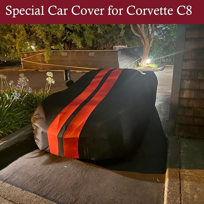 Indoor Car Cover Compatible with 2020-2024 C8 Corvette Custom-fit Form-Fitting Breathable Dust-Proof Stretch Car Cover for Underground Garage, Car Show（Black+Red）